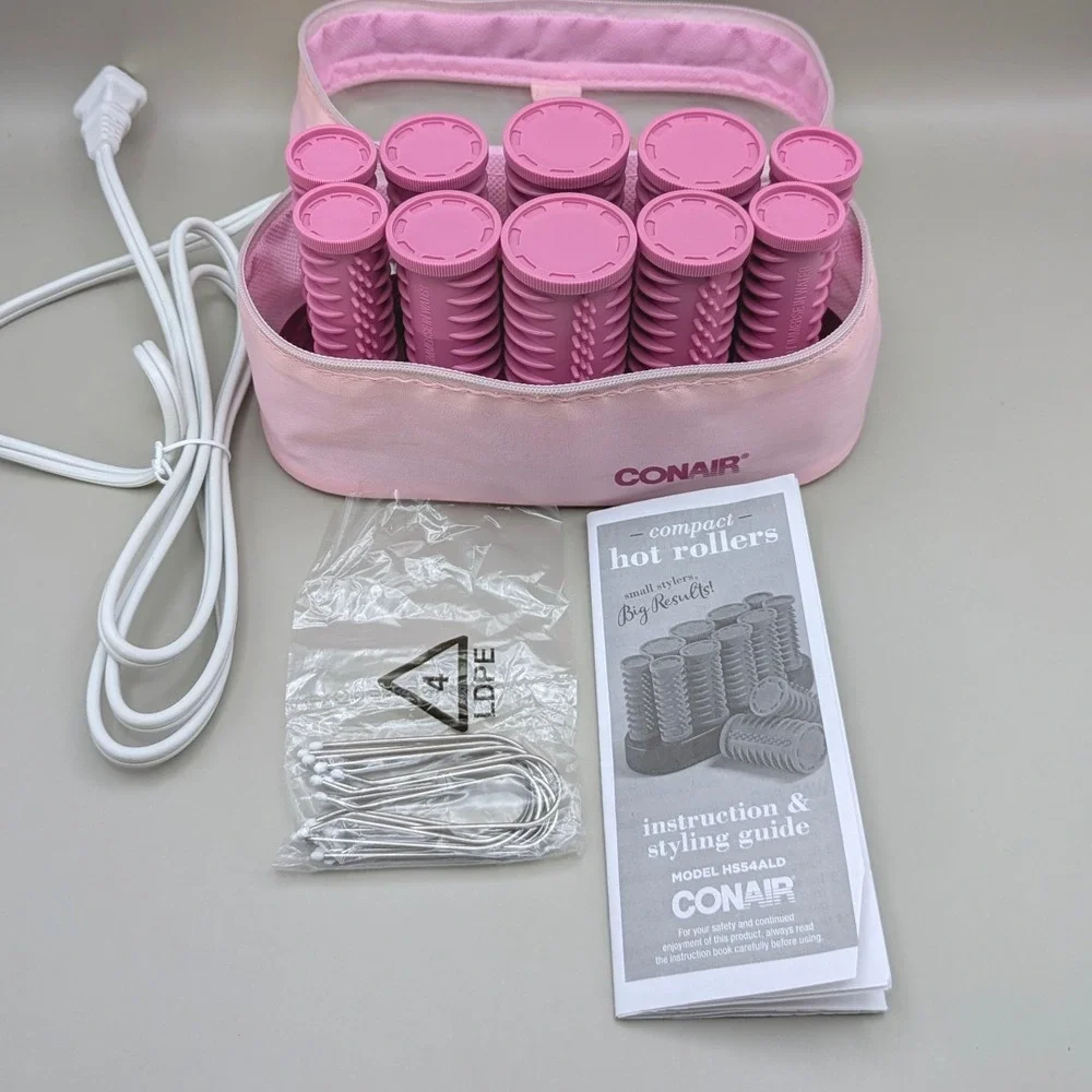 Conair Compact 10 Hot Rollers Pink Travel Hair Styling Set HS54ALD - Tested